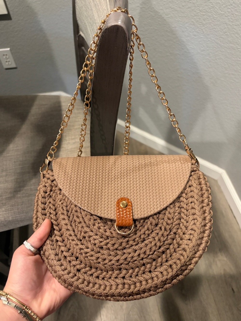 Woven Half-Moon Crossbody Bag in Taupe with Gold Chain